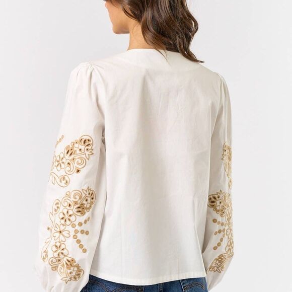 White and Gold Puff Embroidered Sleeve Blouse with Tie Front - Picture 6 of 6